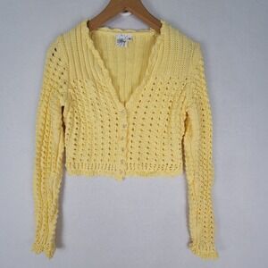 MERINGUE Yellow VTG Crochet Cardigan Sweater Women's Small Button Front USA Made